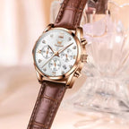 OLEVS 5523 Women’s Mini Multi-Function Watch – Luminous Chronograph Quartz Wristwatch with Leather Strap Black