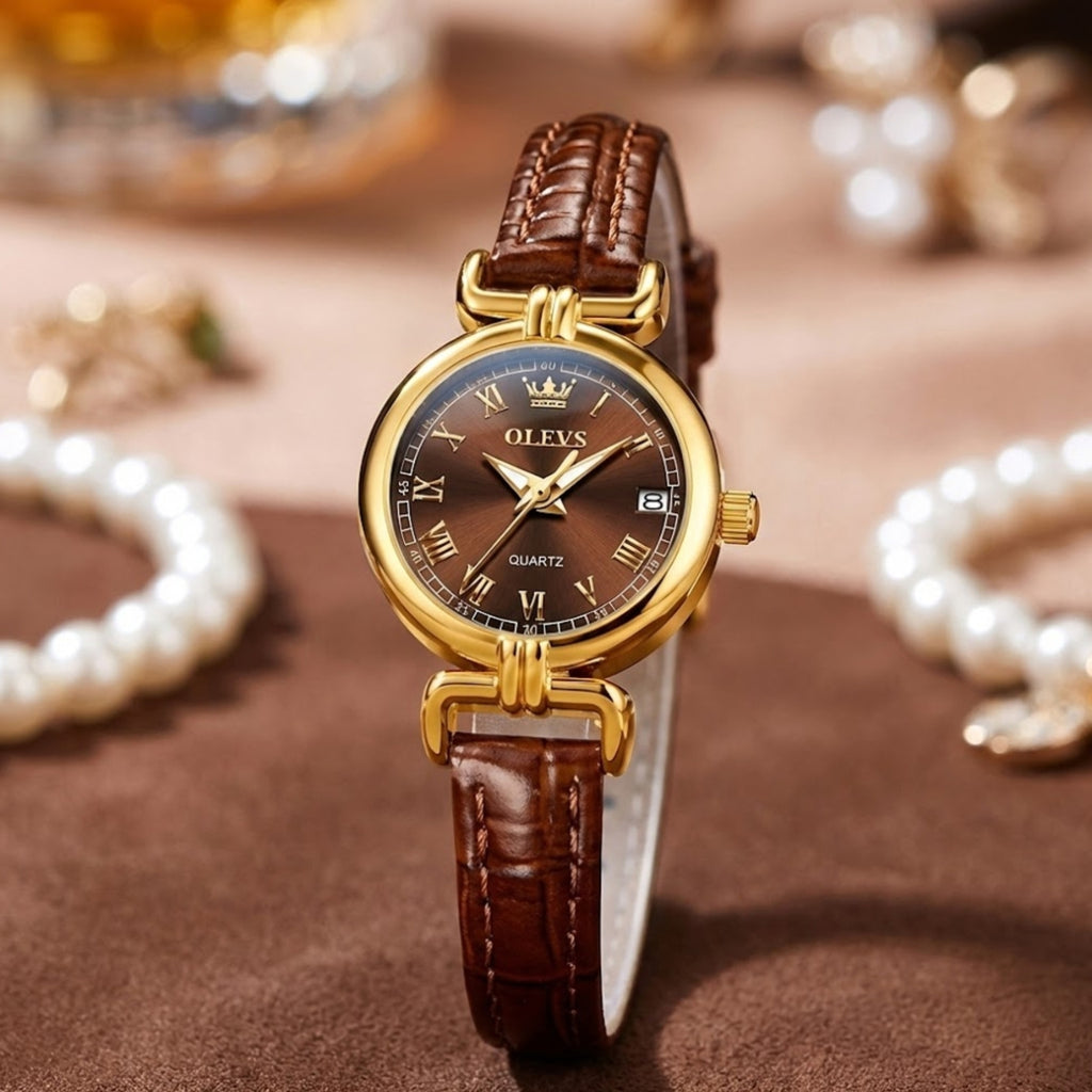 OLEVS 5645 Women’s Retro Classic Watch – Luxury Gold Quartz Wristwatch with Leather Strap & Roman Numerals Brown and Gold