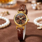 OLEVS 5645 Women’s Retro Classic Watch – Luxury Gold Quartz Wristwatch with Leather Strap & Roman Numerals Brown and Gold