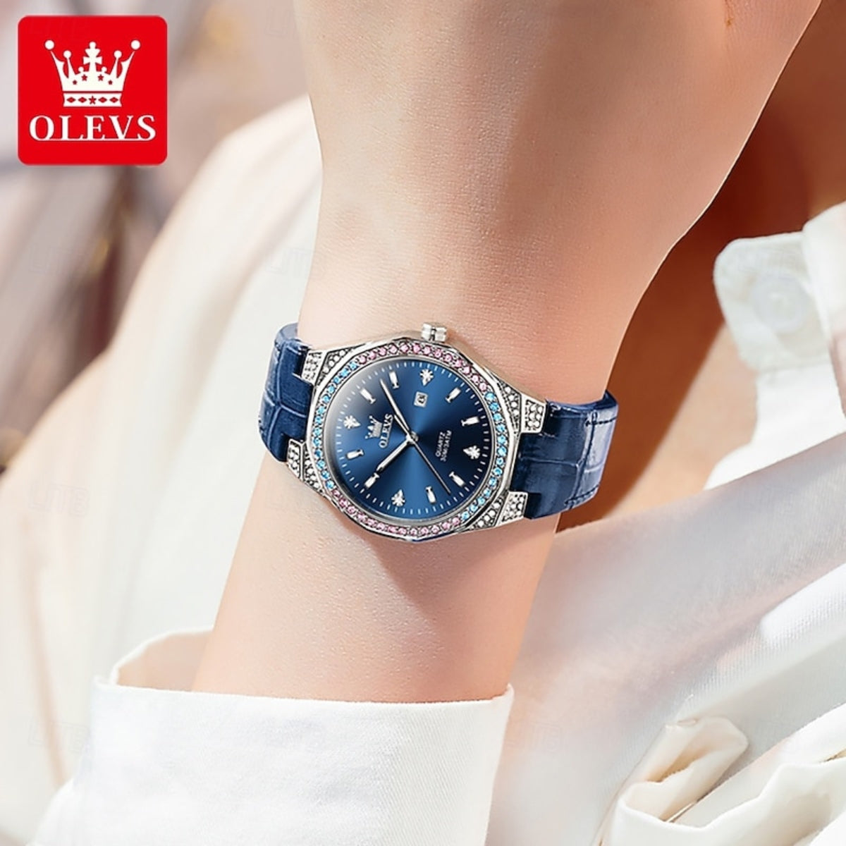 OLEVS 5606 Women’s Luxury Leather Watch – Fashion Quartz Wristwatch with Diamond Accents Blue
