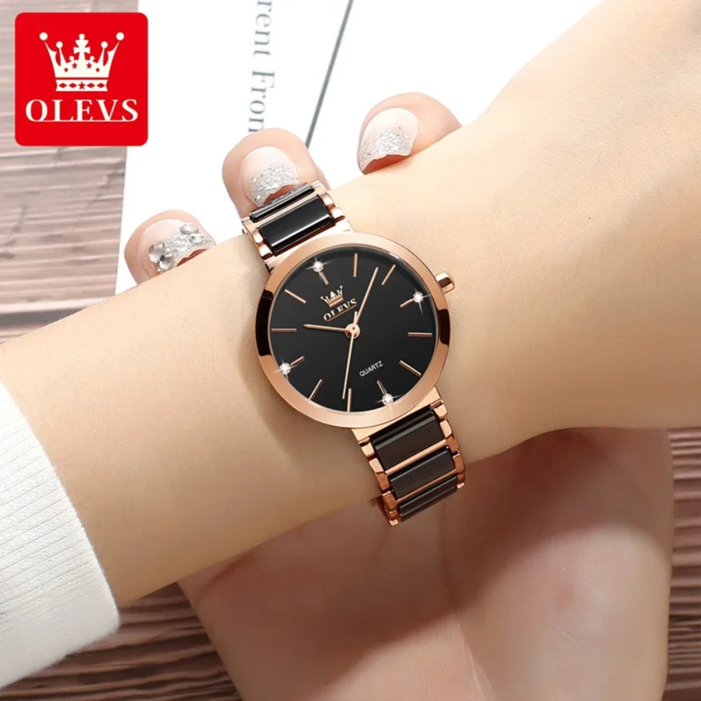 OLEVS 5877 Women’s Luxury Ceramic Watch – Designer Casual Quartz Wristwatch with Matching Bracelet Black