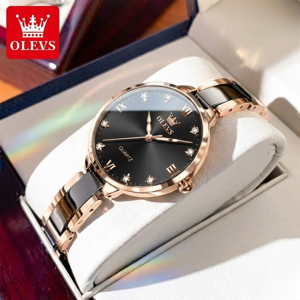 OLEVS 5872 Women’s Ceramic & Steel Watch – Quartz Wristwatch for Ladies Black