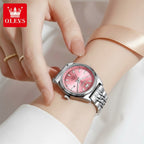 OLEVS 3703 Women’s Elegant Stainless Steel Watch – High Quality Classic Luxury Quartz Wristwatch  - Pink and Silver