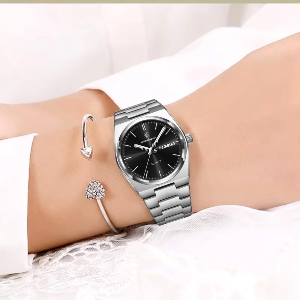 POEDAGAR 786 Luxury Women’s Stainless Steel Bracelet Watch – Waterproof Quartz Wristwatch with Luminous Hands Black