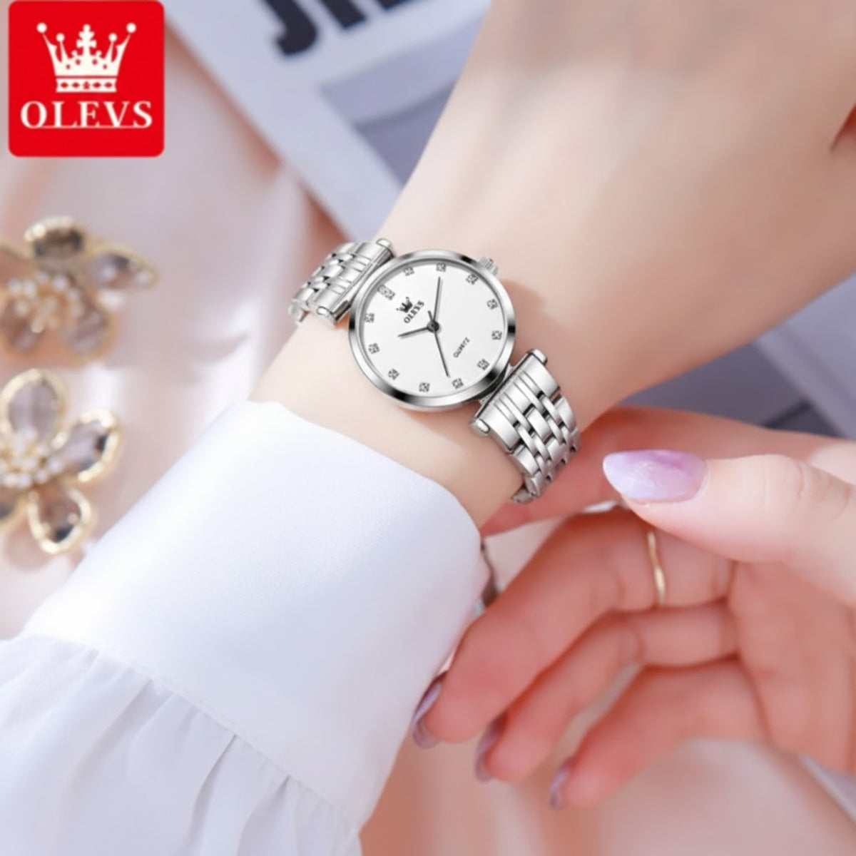 OLEVS 5596 Luxury Women's Watch – Quartz Wristwatch Set - Silvery White