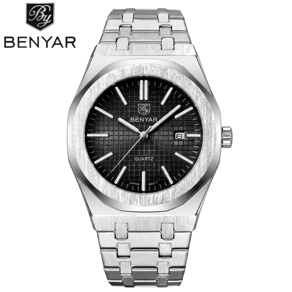 BENYAR 5156 Men's Luxury integrated-Bracelet "Royal Oak" Inspired Design- Silver and Black Watch