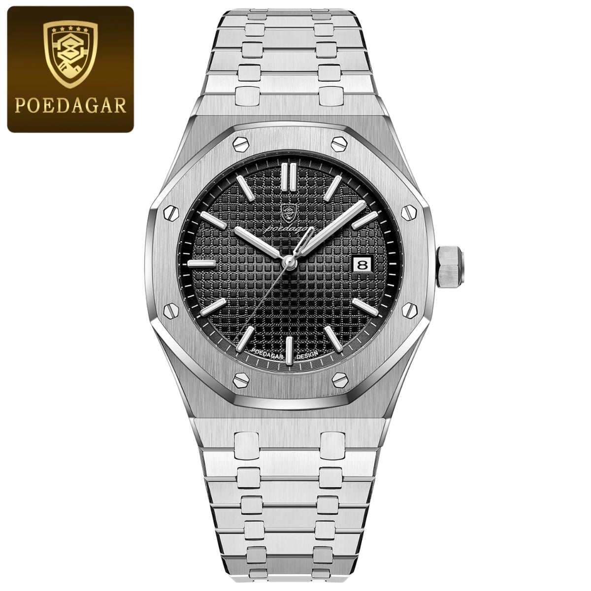 POEDAGAR 924 Men's Luxury Watch: Stainless Steel Waterproof Quartz with Day-Date & Luminous Display Silver Black