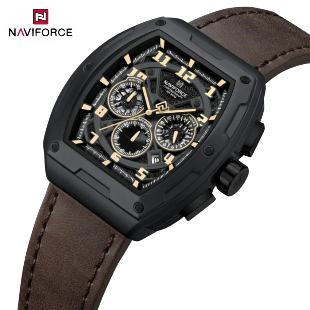NAVIFORCE 8053 Men's Watch – Waterproof Sport Chronograph with Luxury Leather Band Coffee