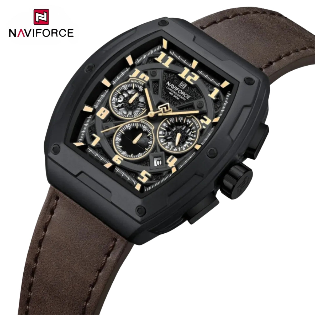 NAVIFORCE 8053 Men's Watch – Waterproof Sport Chronograph with Luxury Leather Band Coffee