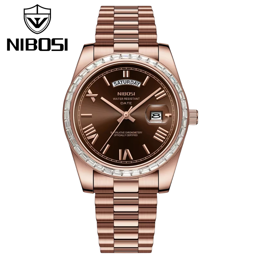 NIBOSI 2628 Luxury Men’s Quartz Watch – Faceted Crystal Bezel & Sunburst Dial Precision Business Timepiece Rose Gold Brown