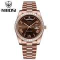 NIBOSI 2628 Luxury Men’s Quartz Watch – Faceted Crystal Bezel & Sunburst Dial Precision Business Timepiece Rose Gold Brown
