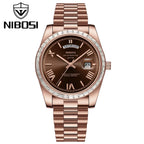 NIBOSI 2628 Luxury Men’s Quartz Watch – Faceted Crystal Bezel & Sunburst Dial Precision Business Timepiece Rose Gold Brown