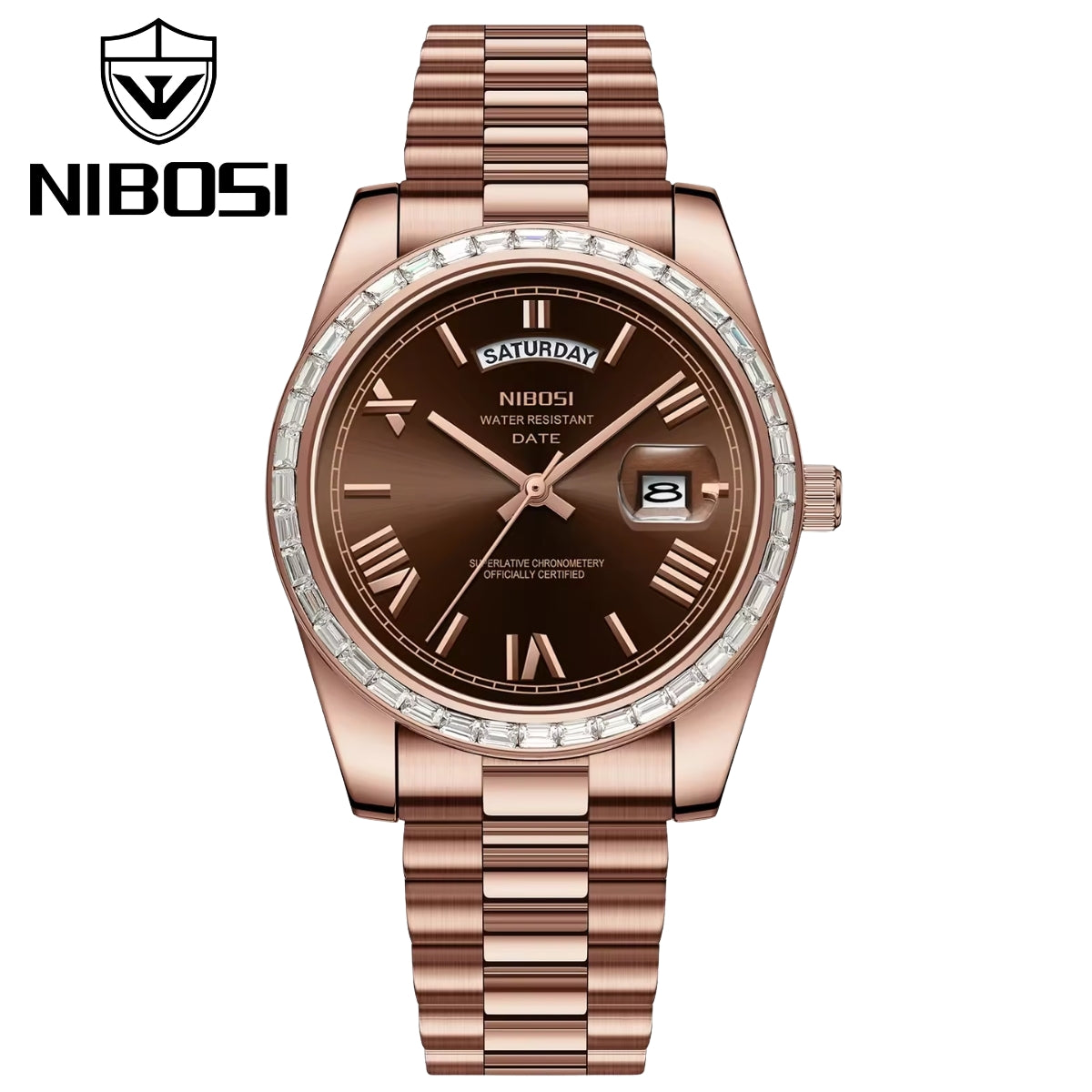 NIBOSI 2628 Luxury Men’s Quartz Watch – Faceted Crystal Bezel & Sunburst Dial Precision Business Timepiece Rose Gold Brown