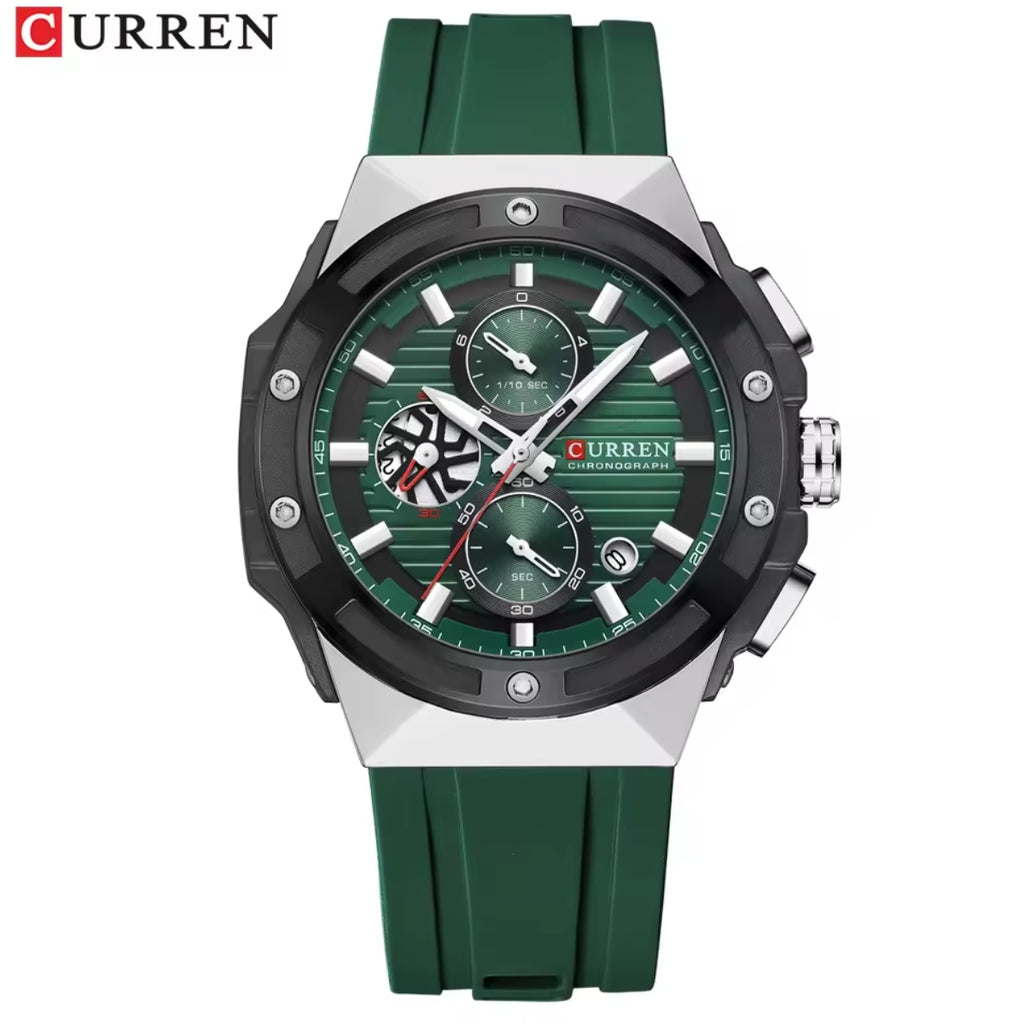 CURREN 8462 Men’s Sport Chronograph Luminous Waterproof Watch with Silicone Strap & Date Green Silver