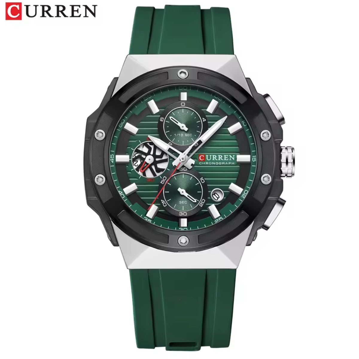 CURREN 8462 Men’s Sport Chronograph Luminous Waterproof Watch with Silicone Strap & Date Green Silver
