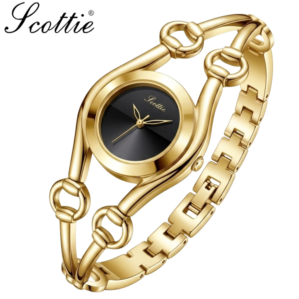 Scottie 9737 Women’s Luxury Watch – New  Shape Alloy Wristwatch with Buckle Clasp Gold and Black