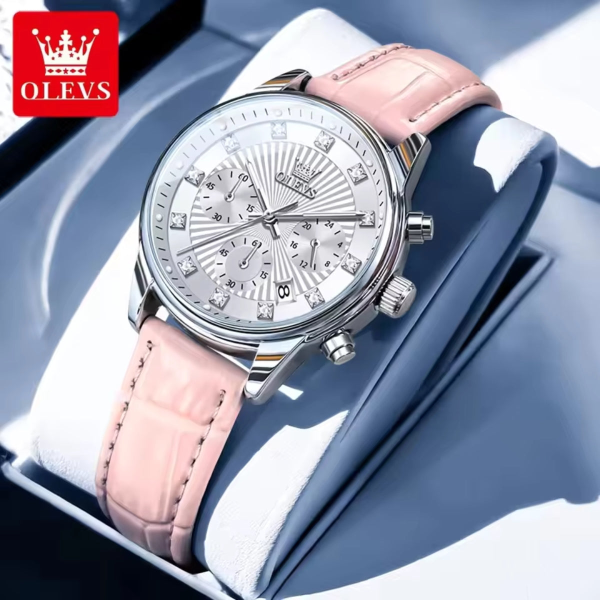 OLEVS 3669 Women’s Multi-Function Watch – Genuine Leather Chronograph Quartz Wristwatch Pink