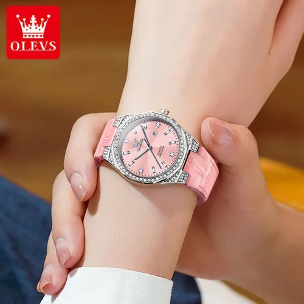 OLEVS 5606 Women’s Luxury Leather Watch – Fashion Quartz Wristwatch with Diamond Accents Pink
