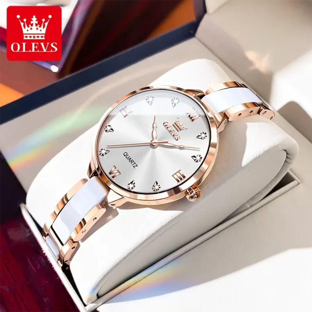 OLEVS 5872 Women’s Ceramic & Steel Watch –  Quartz Wristwatch for Ladies White
