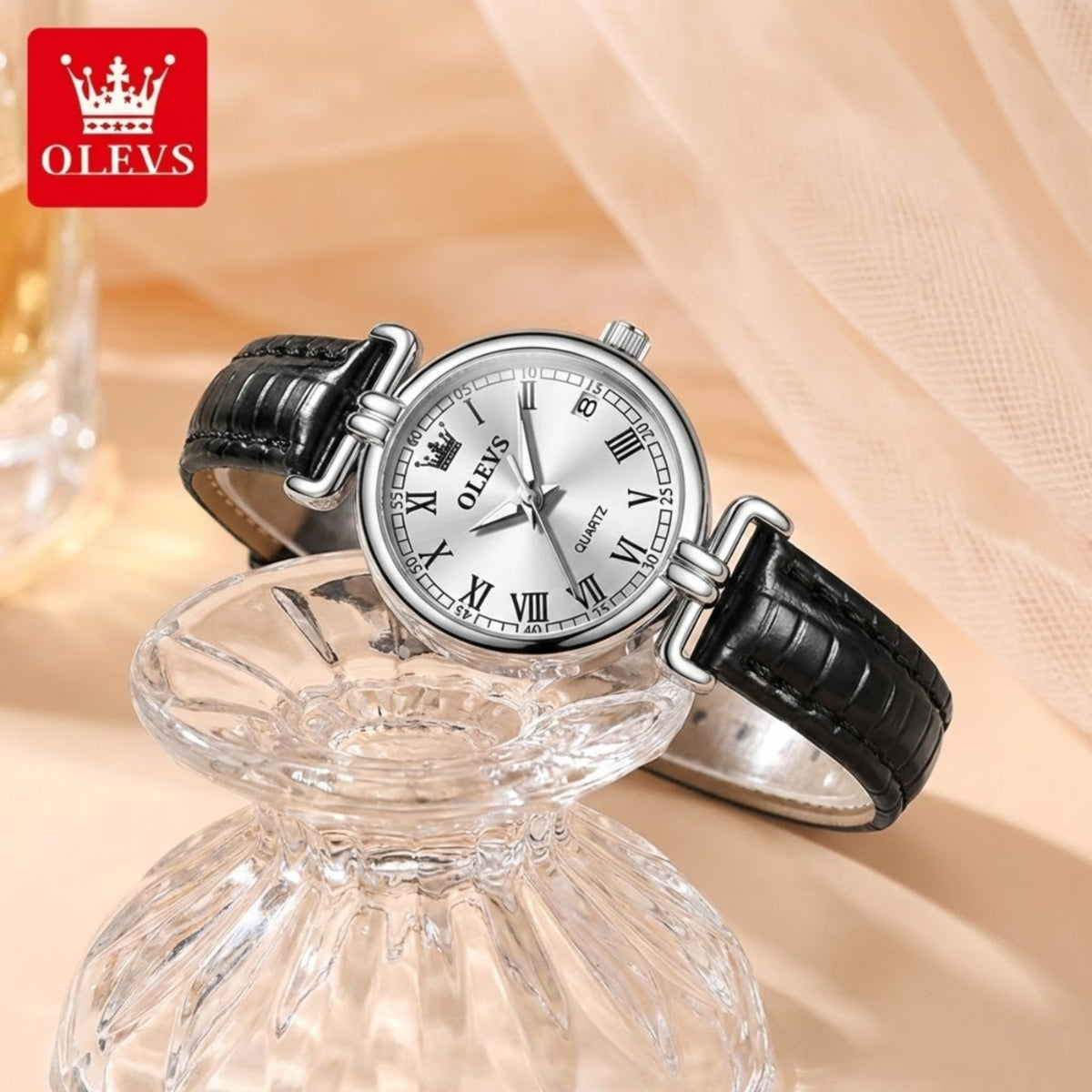 OLEVS 5645 Women’s Retro Classic Watch – Luxury Gold Quartz Wristwatch with Leather Strap & Roman Numerals Silver and White