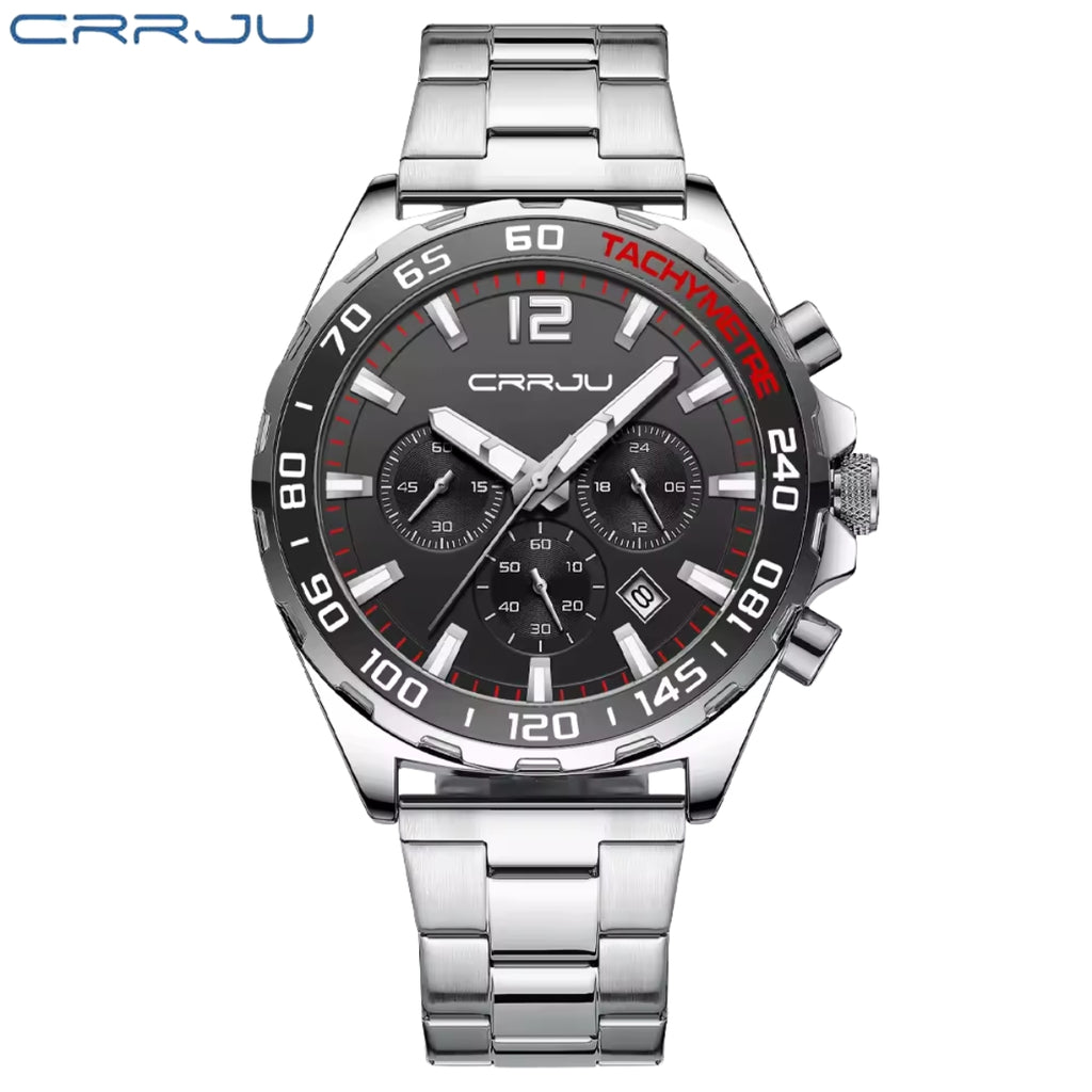CRRJU 2299 Luxury Chronograph Watch – Premium Stainless Steel Bracelet, Elegant Business Wristwatch for Men Black Silver