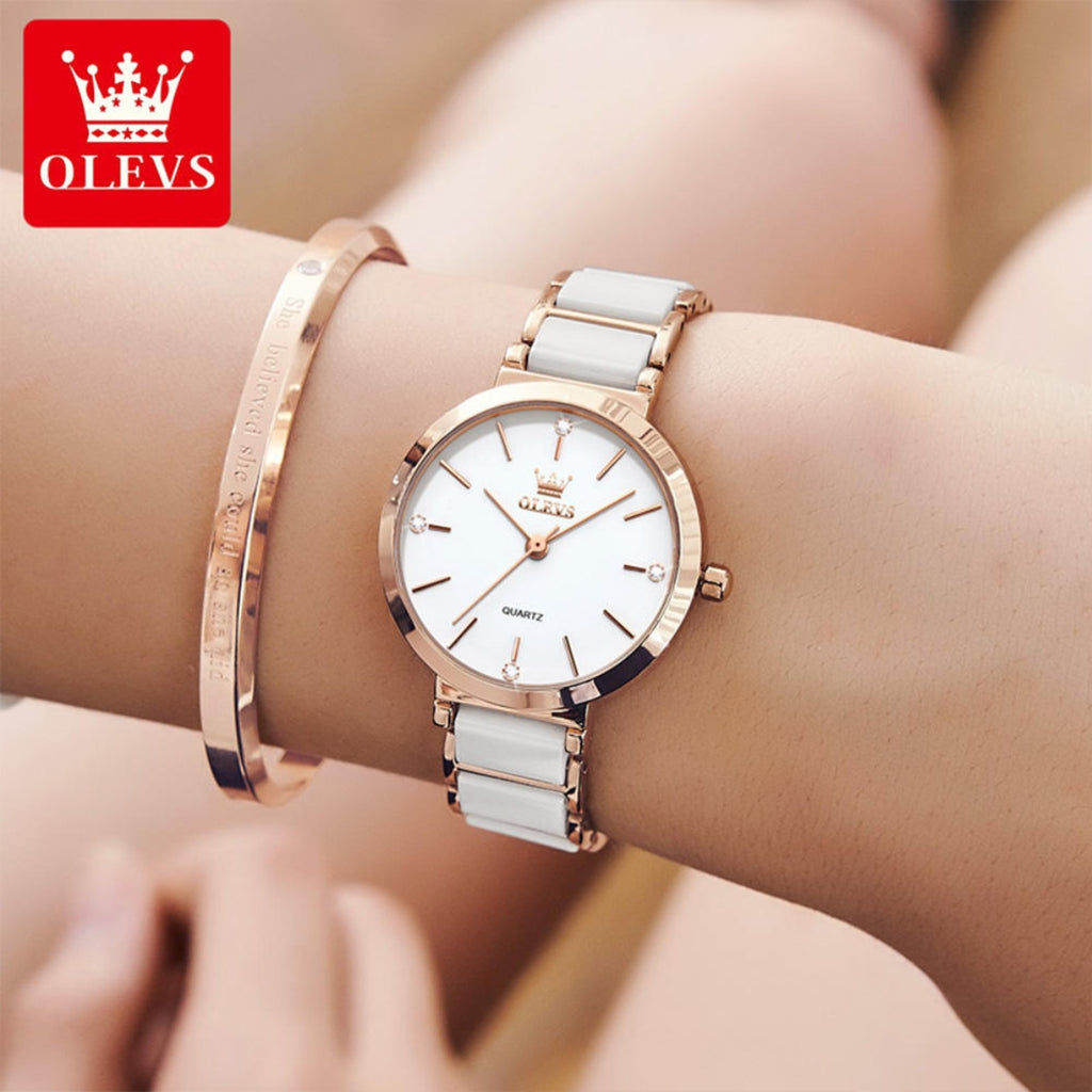 OLEVS 5877 Women’s Luxury Ceramic Watch – Designer Casual Quartz Wristwatch with Matching Bracelet White