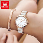 OLEVS 5877 Women’s Luxury Ceramic Watch – Designer Casual Quartz Wristwatch with Matching Bracelet White