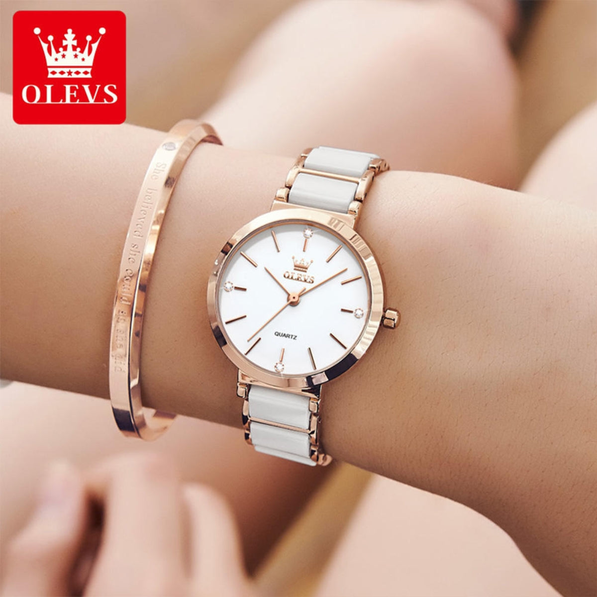 OLEVS 5877 Women’s Luxury Ceramic Watch – Designer Casual Quartz Wristwatch with Matching Bracelet White