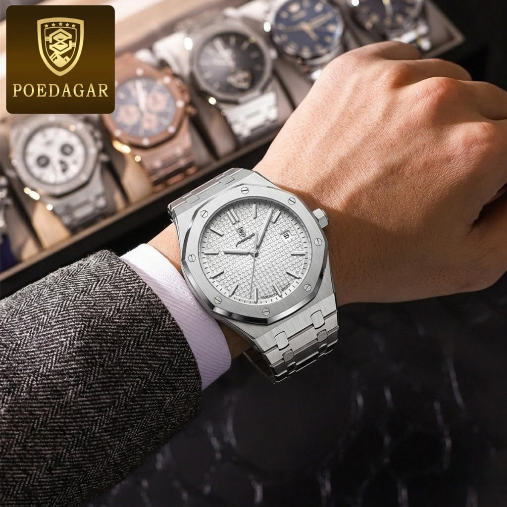POEDAGAR 924 Men's Luxury Watch: Stainless Steel Waterproof Quartz with Day-Date & Luminous Display Silver White