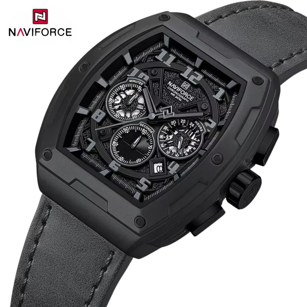 NAVIFORCE 8053 Men's Watch – Waterproof Sport Chronograph with Luxury Leather Band Black