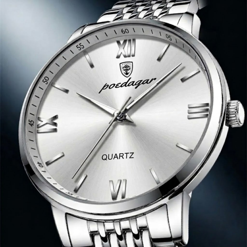 POEDAGAR 826 Waterproof Watch – High-Grade Stainless Steel Quartz Movement Luxury Date Display Wristwatch for Men White