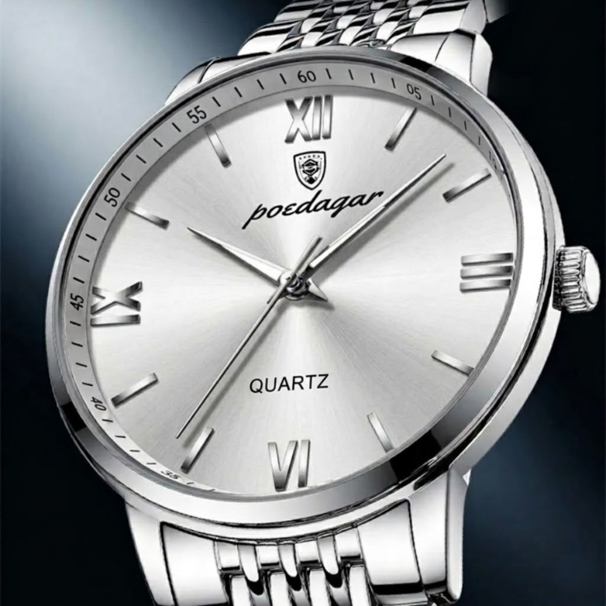POEDAGAR 826 Waterproof Watch – High-Grade Stainless Steel Quartz Movement Luxury Date Display Wristwatch for Men White