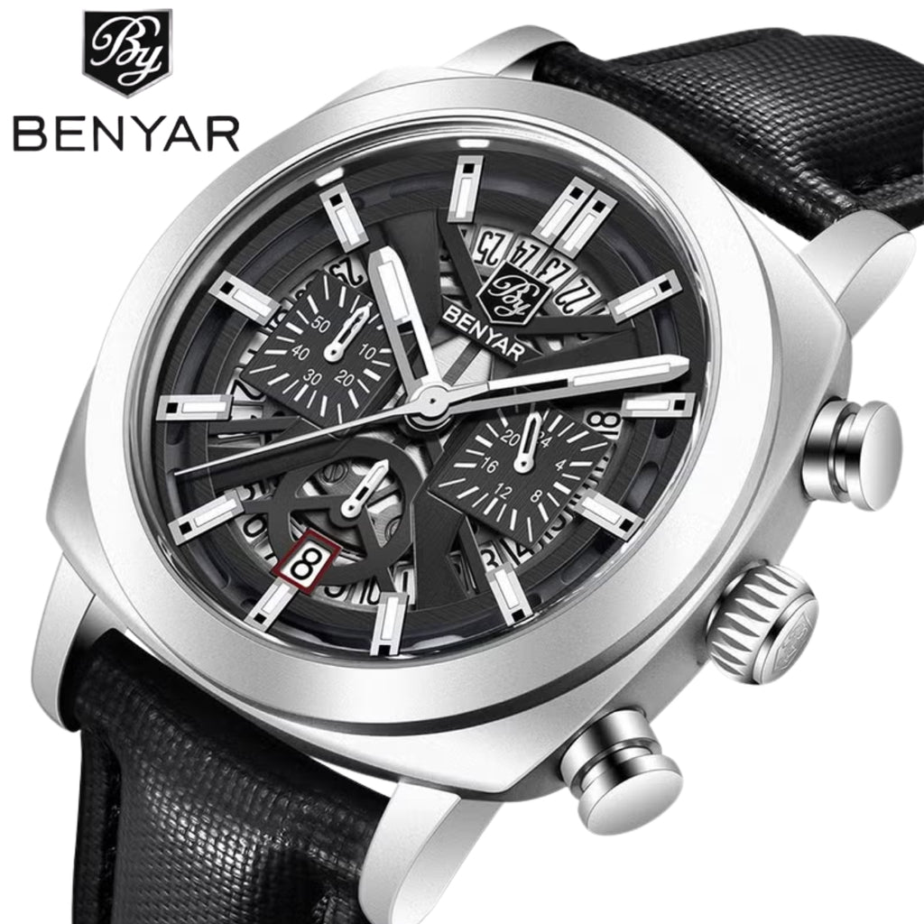 BENYAR 5205 Men's Watch – Sport Chronograph with Luminous Hands Black and Silver Dial
