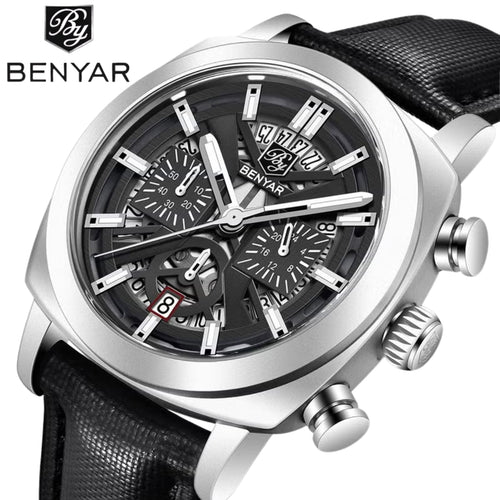 BENYAR 5205 Men's Watch – Sport Chronograph with Luminous Hands Black and Silver Dial