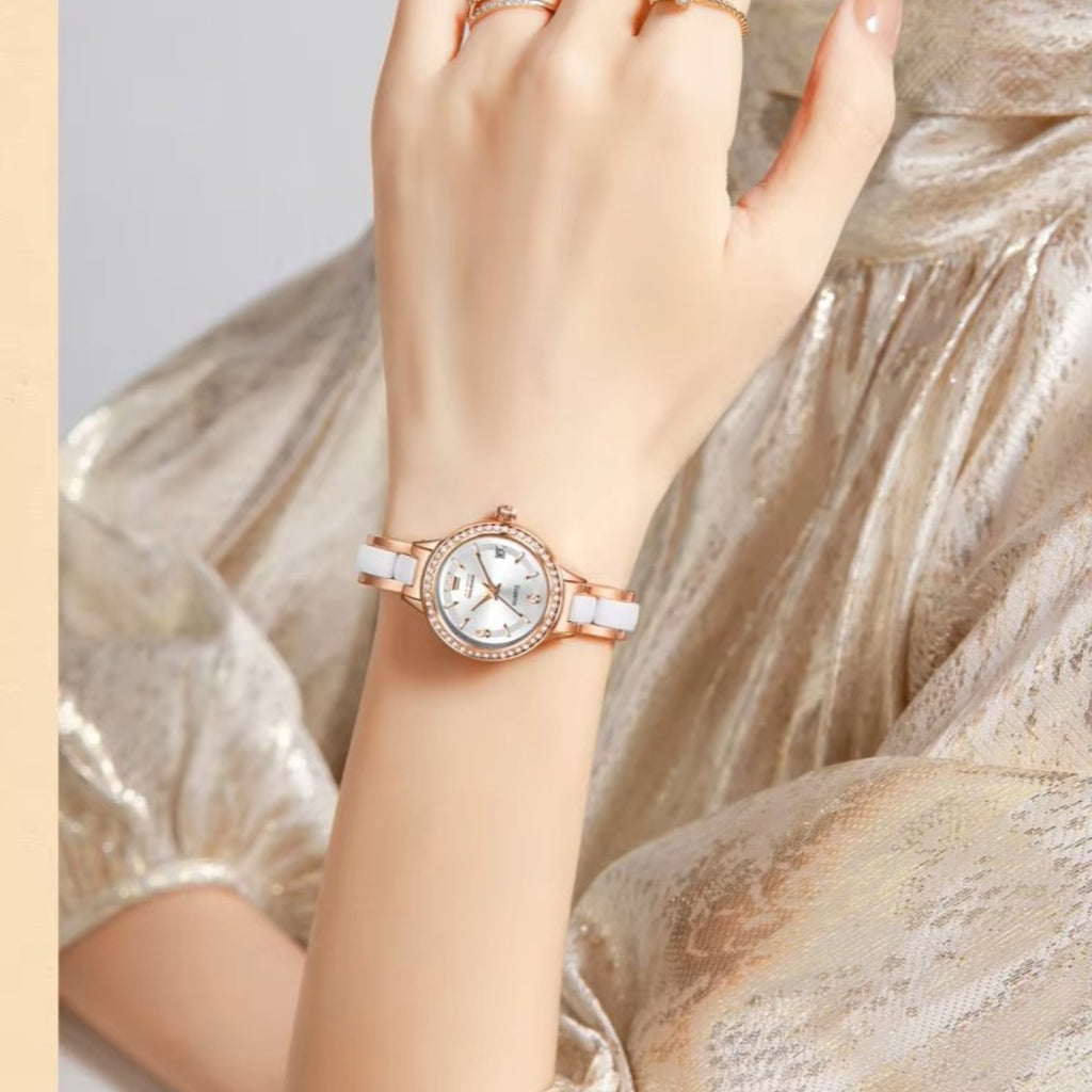 OLEVS 7093 Women’s Ceramic & Steel Watch – High Quality Luxury Classic Quartz Wristwatch Rose White