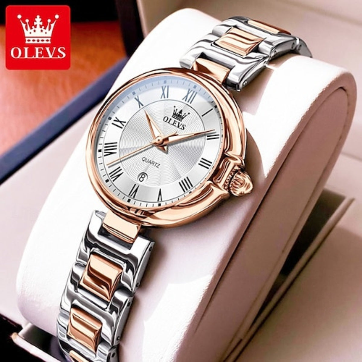 OLEVS 5608 Women’s Luxury  Watch – Waterproof Stainless Steel Quartz Wristwatch for Ladies Rose White