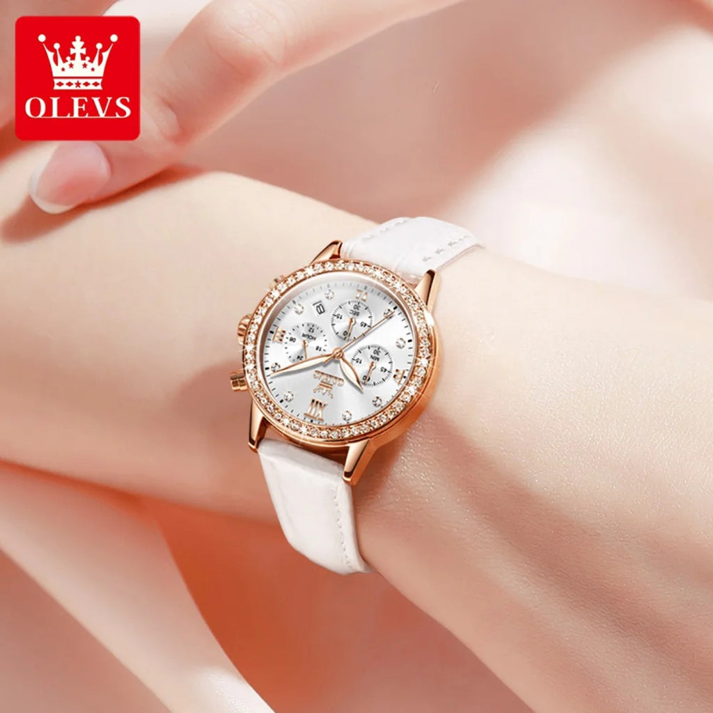 OLEVS 9933 Women’s Fashion Leather Watch – Waterproof Quartz Ladies’ Wristwatch Gold and White