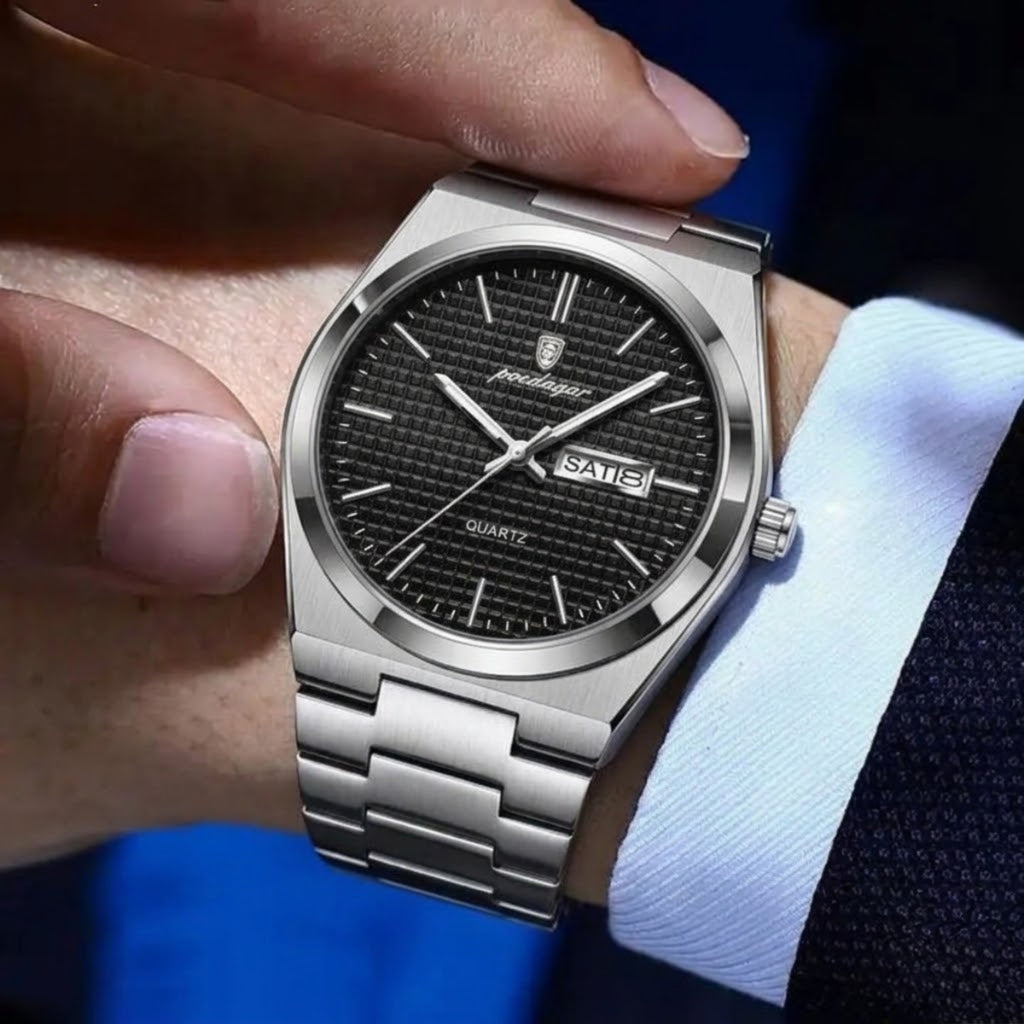 Poedagar 821 Men's Luxury Fashion Watch – Waterproof Luminous Quartz Wristwatch with Stainless Steel Band Black