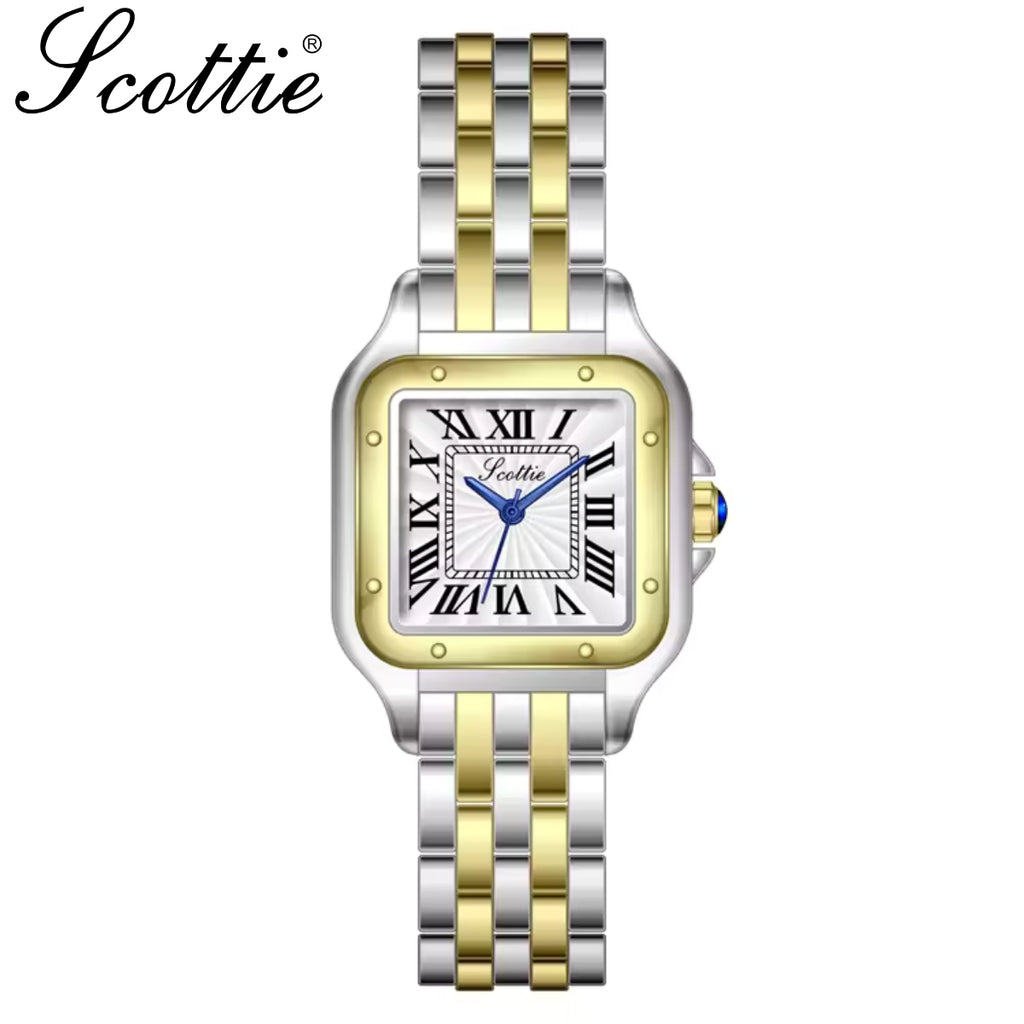 Scottie 9100 Women’s Square Watch – Luxury Stainless Steel Quartz with New Trendy Design Yellow,Gold and Silver
