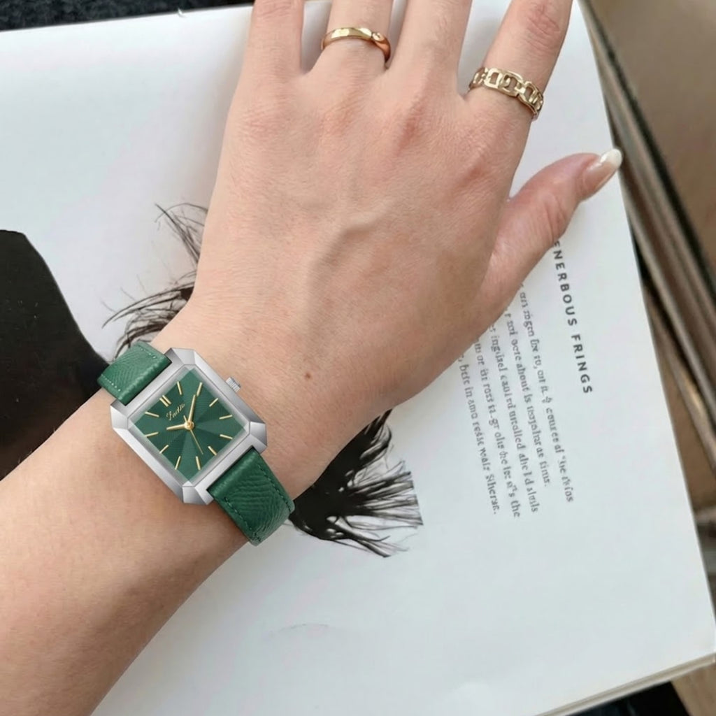Scottie 9153 Women’s Square Leather Watch – Luxury Quartz Water-Resistant Wristwatch for Ladies Green