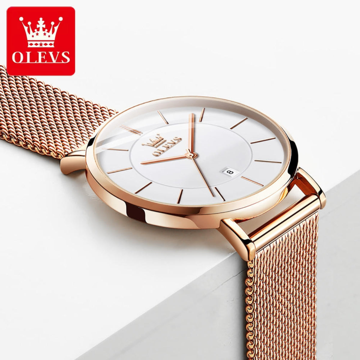 OLEVS 5869 Women’s Ultra-Thin Mesh Watch – Waterproof Luxury Quartz with Steel Strap Rose Gold and White
