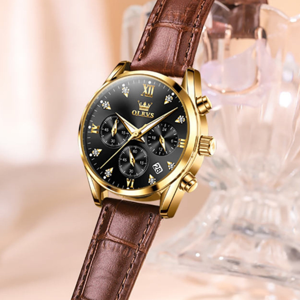 OLEVS 5523 Women’s Mini Multi-Function Watch – Luminous Chronograph Quartz Wristwatch with Leather Strap White