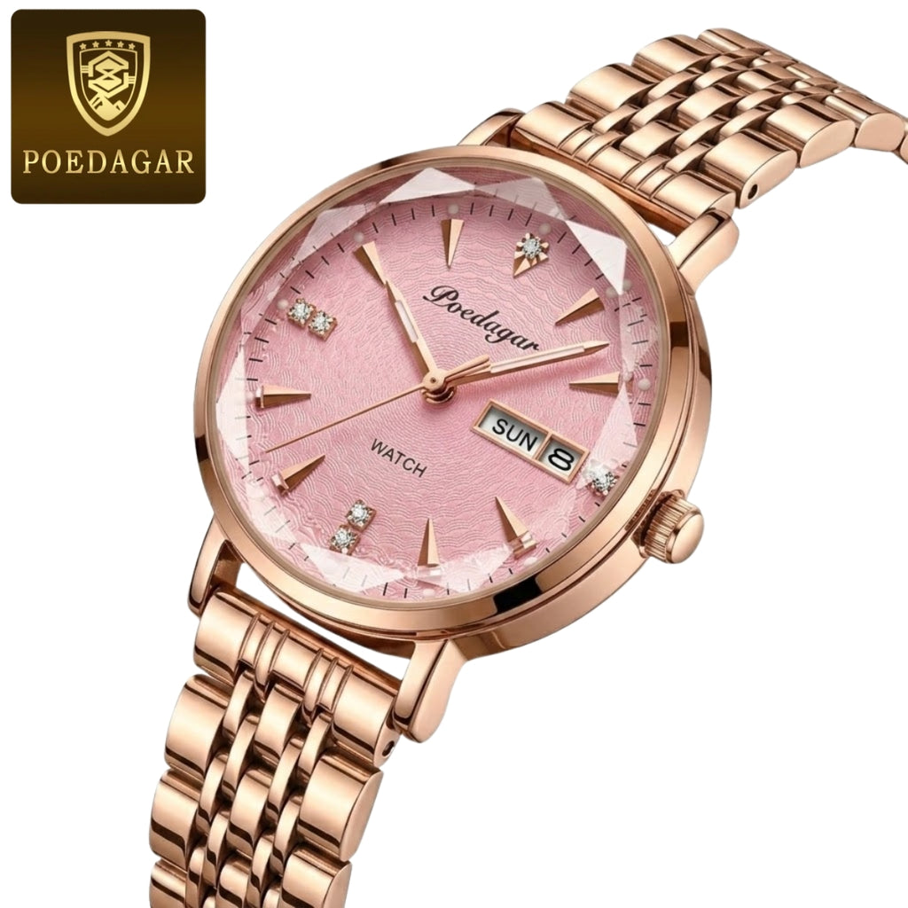 POEDAGAR 312 Women's Stainless Steel Quartz Watch – Waterproof Fashion Timepiece with Date Window Pink