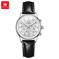 OLEVS 3669 Women’s Multi-Function Watch – Genuine Leather Chronograph Quartz Wristwatch Silvery White