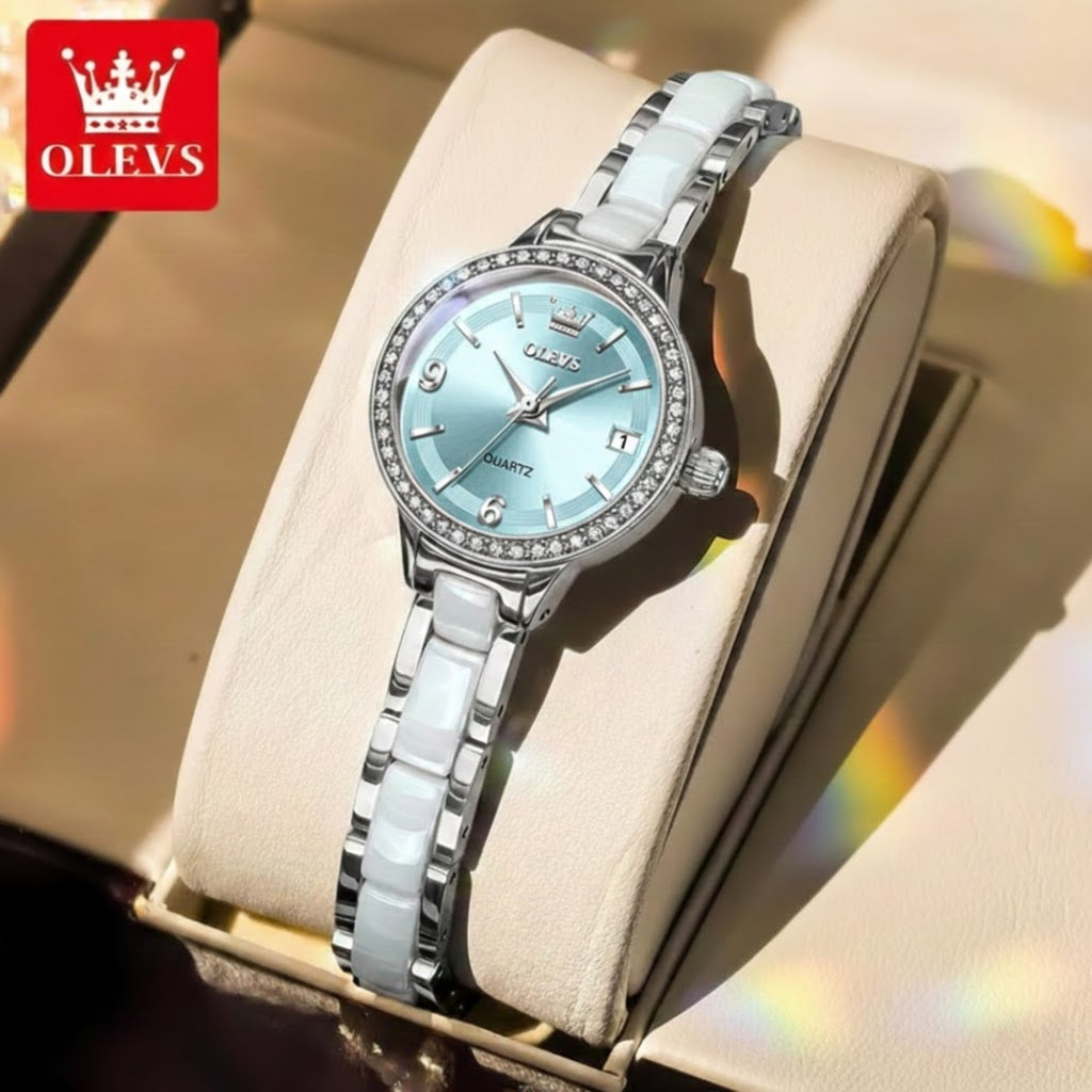 OLEVS 7093 Women’s Ceramic & Steel Watch – High Quality Luxury Classic Quartz Wristwatch Silver and Blue