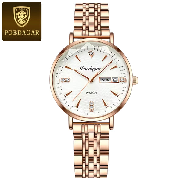 POEDAGAR 312 Women's Stainless Steel Quartz Watch – Waterproof Fashion Timepiece with Date Window White