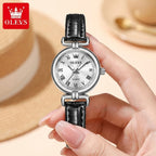 OLEVS 5645 Women’s Retro Classic Watch – Luxury Gold Quartz Wristwatch with Leather Strap & Roman Numerals Silver and White