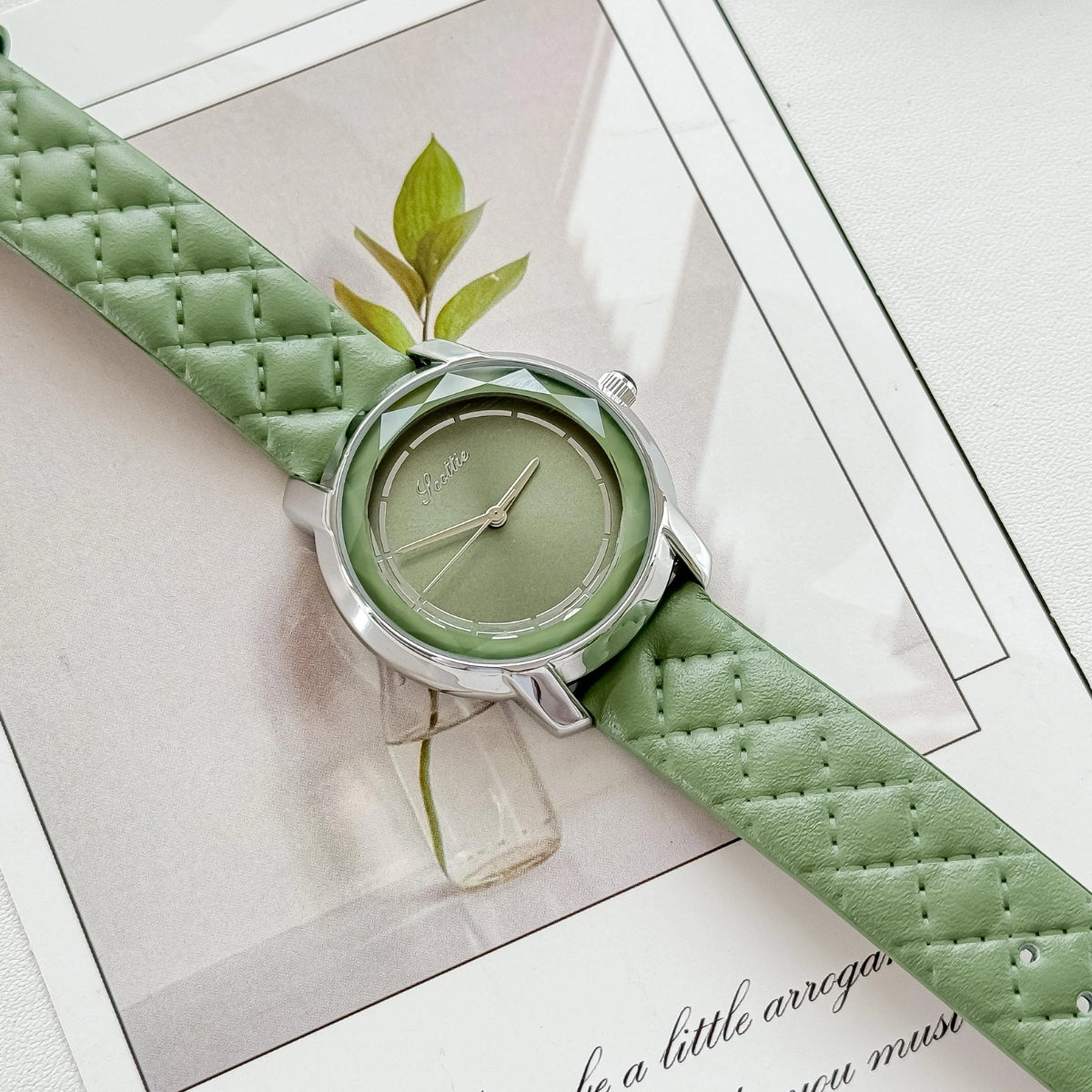 Scottie 9728 Women’s Luxury Square Watch – Waterproof Quartz Wristwatch with Leather Band Green