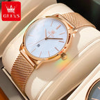 OLEVS 5869 Women’s Ultra-Thin Mesh Watch – Waterproof Luxury Quartz with Steel Strap Rose Gold and White