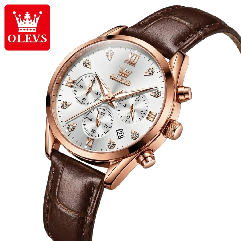 OLEVS 5523 Women’s Mini Multi-Function Watch – Luminous Chronograph Quartz Wristwatch with Leather Strap Black
